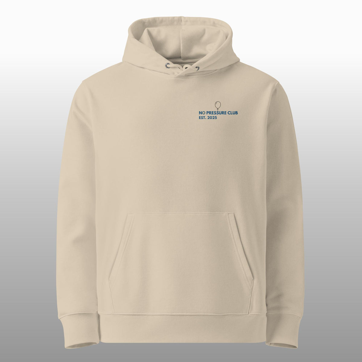 No Pressure – Bio Hoodie in Desert Dust, Rückansicht mit großem Rückenmotiv